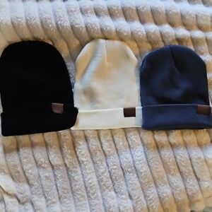 Set of Three Beanies - Black, White, and Blue